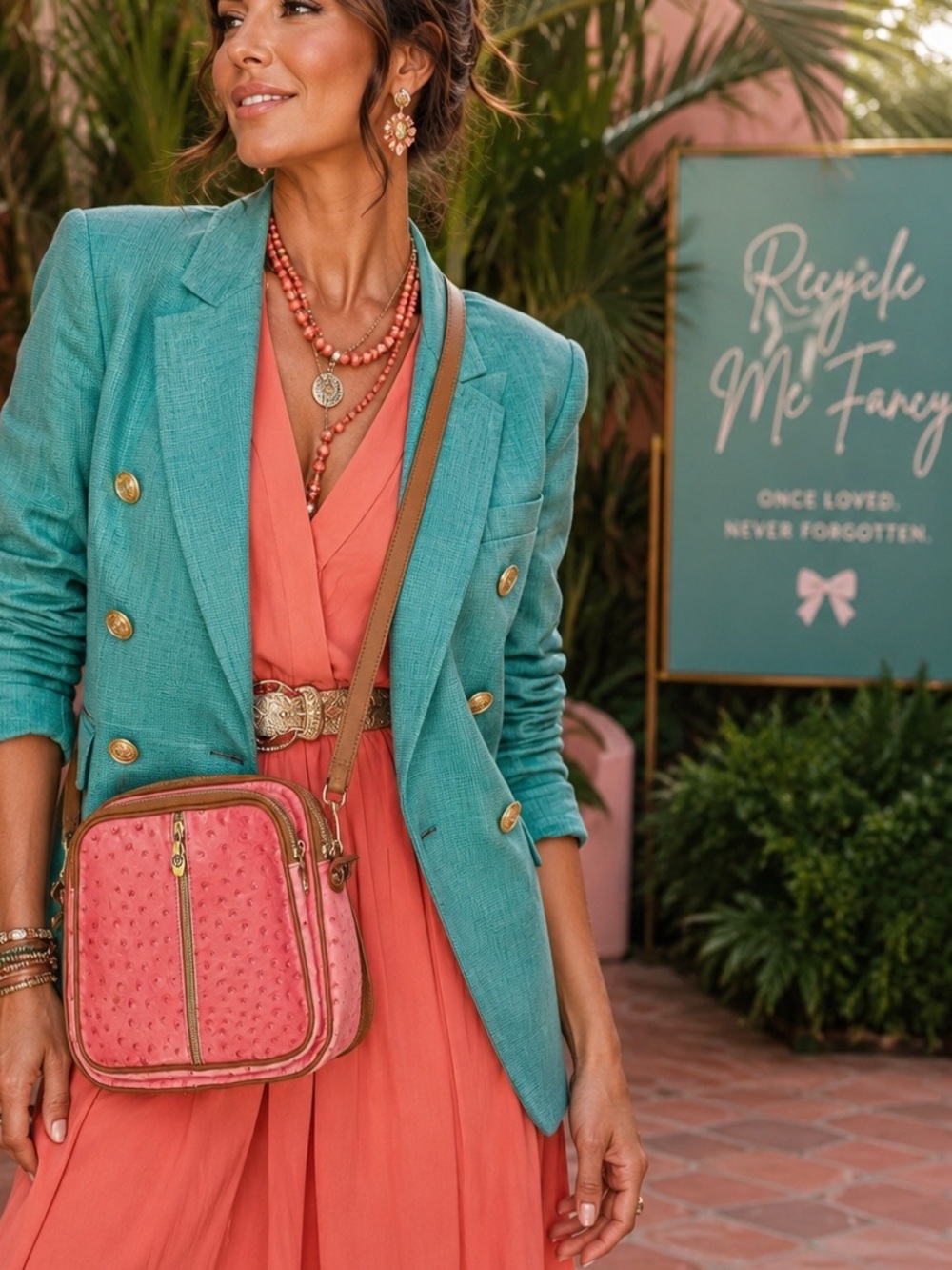 Pink Valentina Faux-Ostrich Travel crossbody Bag with Brown Trim